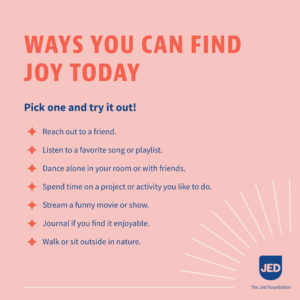Graphic showing tips for ways to find joy