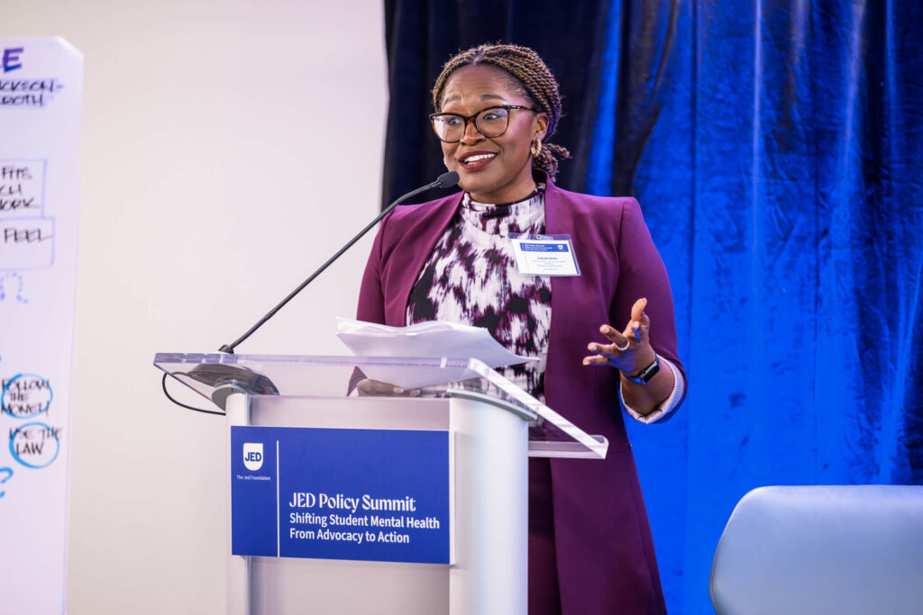 Dr. Zainab Okolo, JED's Senior Vice President of Policy, Advocacy, and Government Relations, speaks at the JED Policy Summit on October 30, 2023.