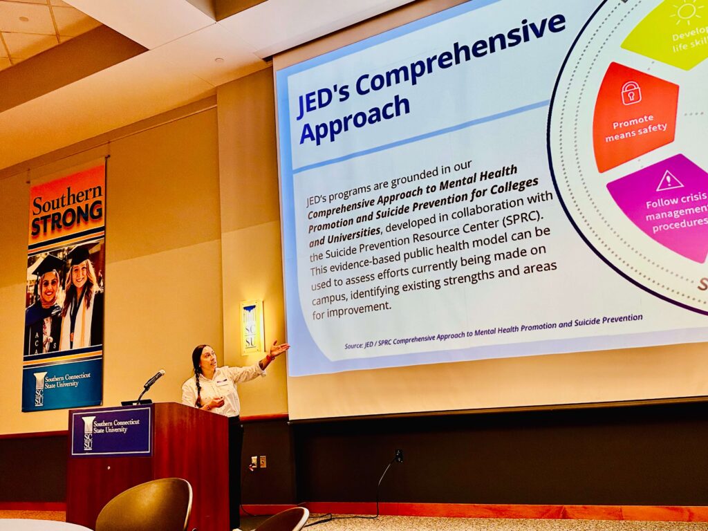 Diana Cusumano, JED's Senior Director of Higher Education Programs, discusses JED's Comprehensive Approach while meeting with Connecticut State Colleges and Universities.