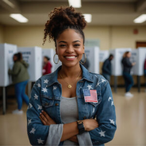 young smiling black women standing at a election poll site arms crossed with an american flag on her denim shirt