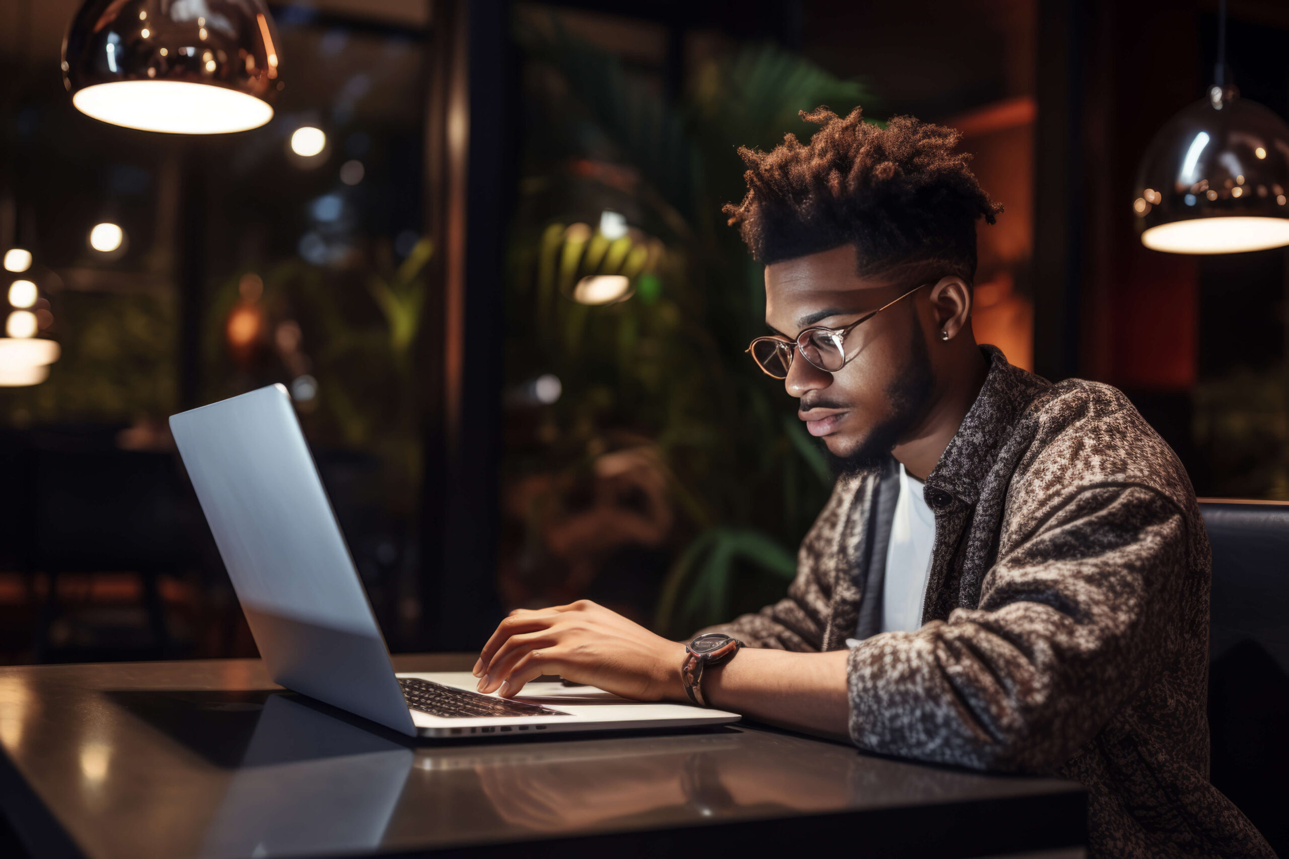 A young person sits at a table with their laptop in a dimly lit but warm room.