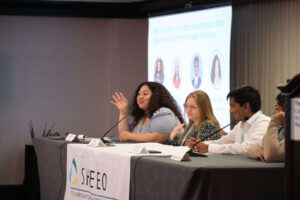 Participants in the SHEEO-JED Mental Health and Wellness Learning Community present in a panel discussion.