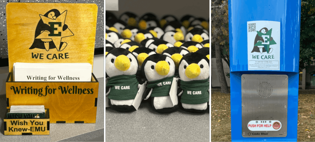 The "We Care" campaign items featuring "Writing for Wellness" cards, penguin stuffed animals wearing a green "We Care" shirt and a "We Care" sign on an safety pole